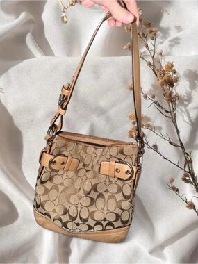 Coach Signature SoHo Canvas Shoulder Bag in Tan and Brown